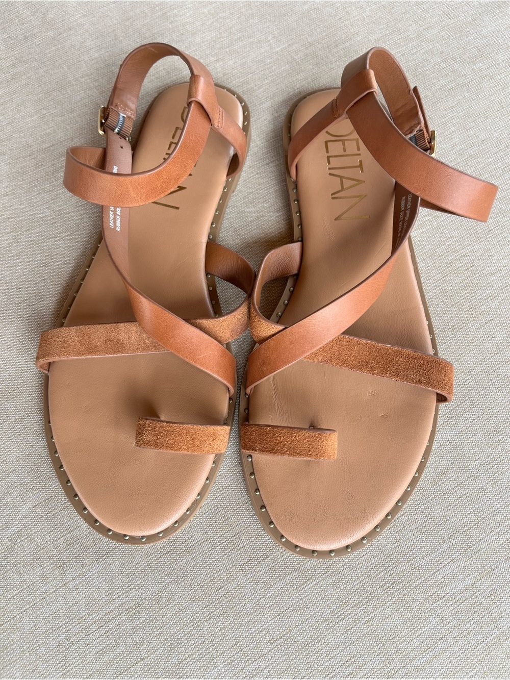 DELTAN Eva Leather Toe Loop Ankle Strap Flat Sandals